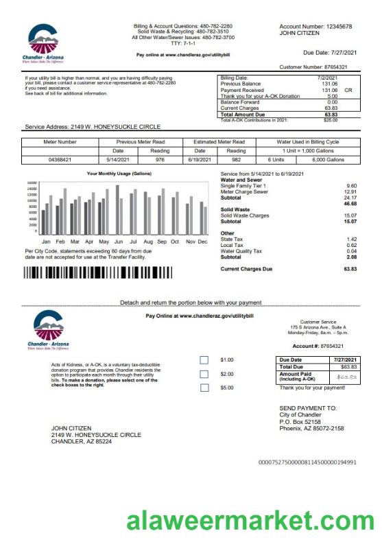USA Arizona Chandler Utilities bill template in Word and PDF format
